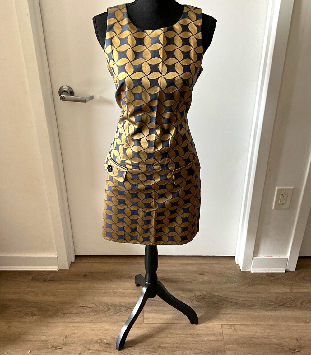 MICHAEL Michael Kors Navy Gold Jacquard Geometric Sheath Knee Dress Sz 6
